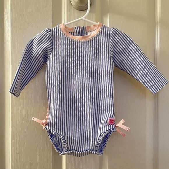 RuffleButts Seersucker One Piece Rash Guard Swimsuit Blue Pink Size 6-12 Months - Picture 1 of 15